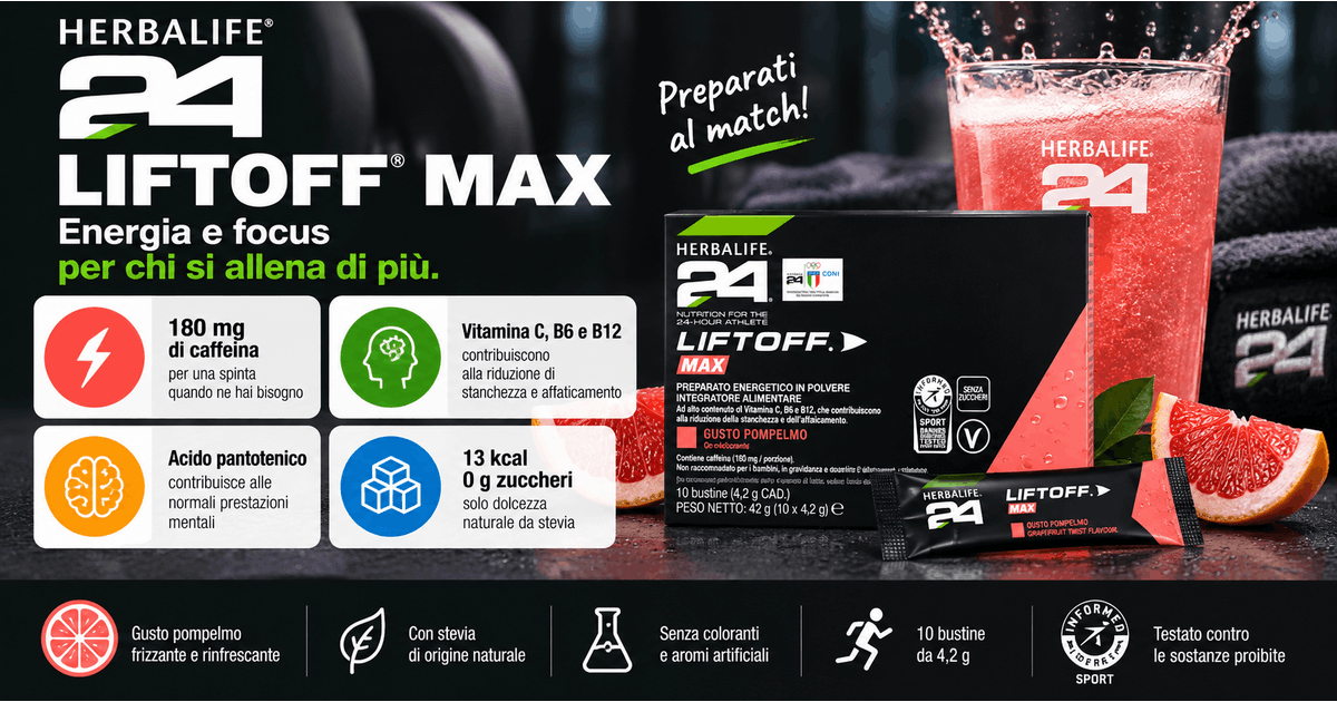 H24 LiftOff Max Herbalife: 180 mg di caffeina e vitamine per energia e focus