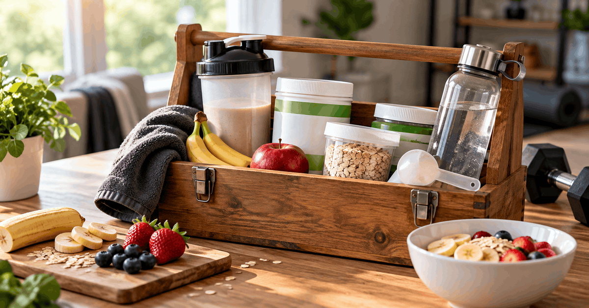 Cassetta in legno con prodotti, frutta e strumenti per il benessere