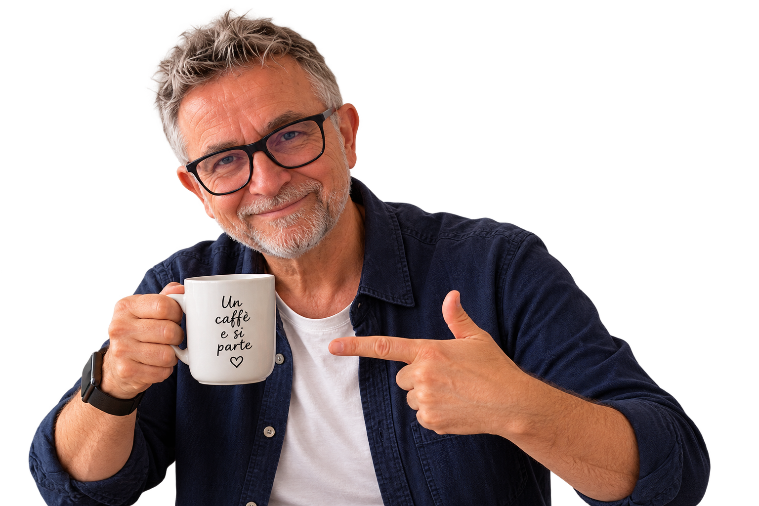 Fabio Gelmetti con una tazza di caffè